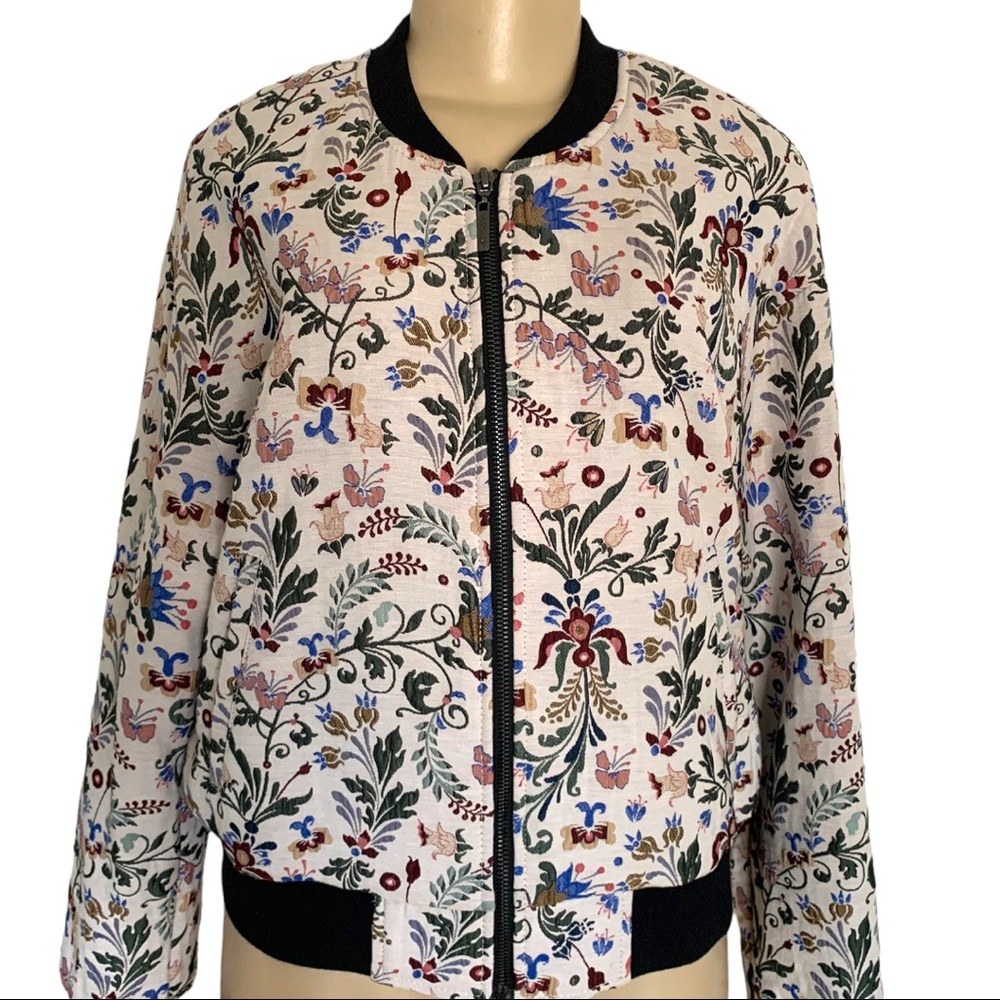 Eva Longoria Spring Flower Floral Light Jacket Zip Ip Ribbed Waist Black Cream